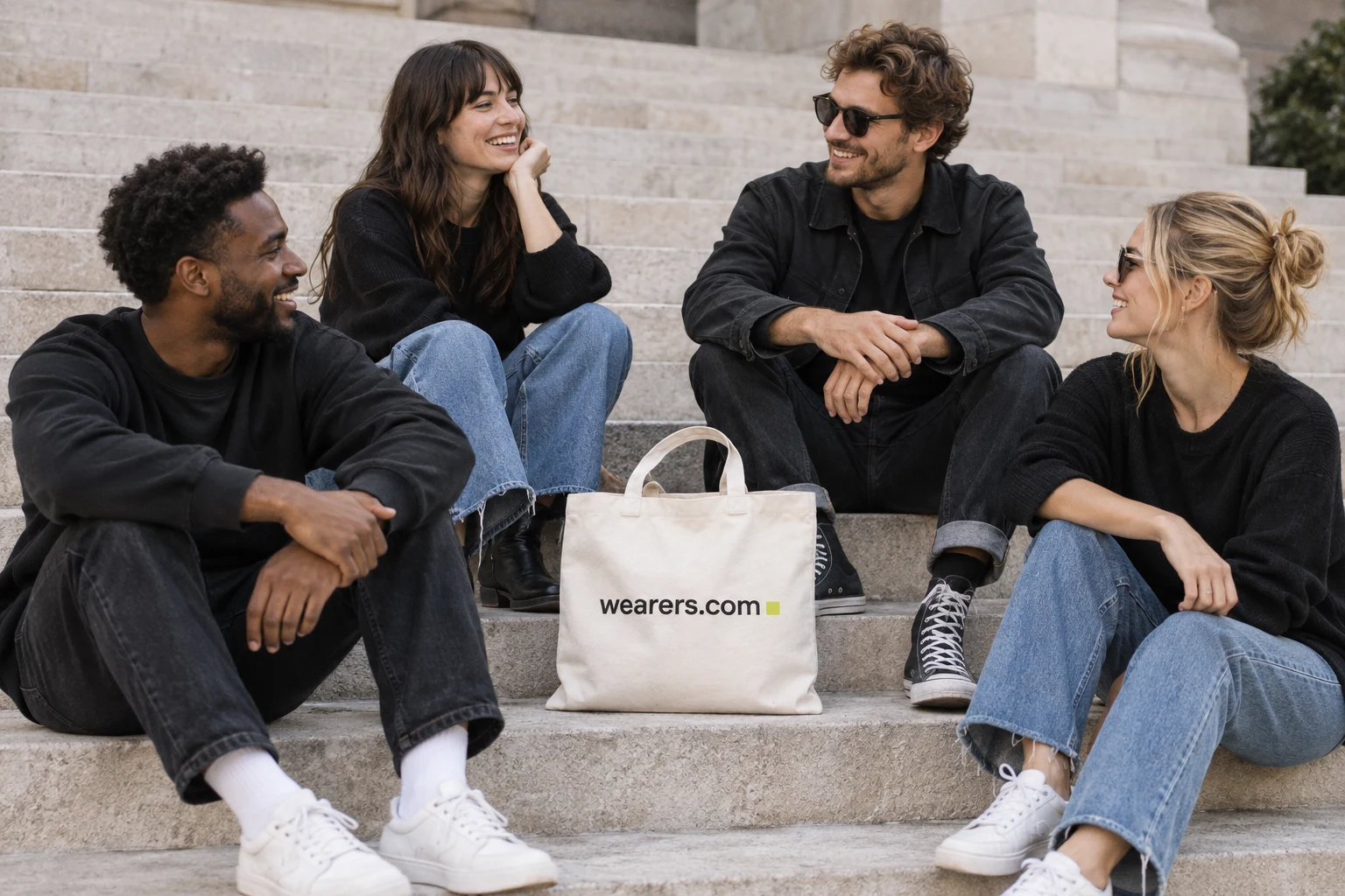 Friends sharing wardrobe ideas with wearers.com branded clothing